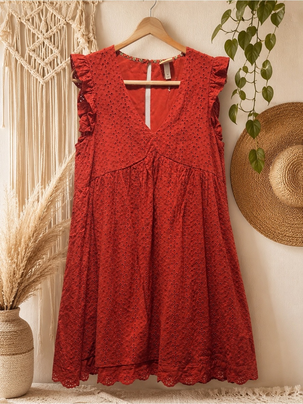 Knox Rose Womens Eyelet Mini Dress Terracotta Rose V-Neck Ruffle Boho